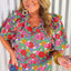 Multicolour Plus Size Floral Print Ruffle V Neck Bubble Sleeve Blouse