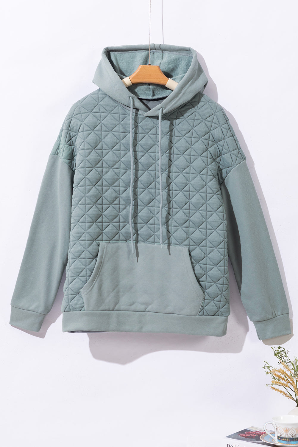 Beige Drop Shoulder Quilted Patchwork Kangaroo Pocket Hoodie