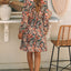 Brown Geometric Print Long Sleeve Surplice Flowy Dress