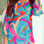 Multicolor Abstract Print Wrap V Neck Puff Sleeve Dress