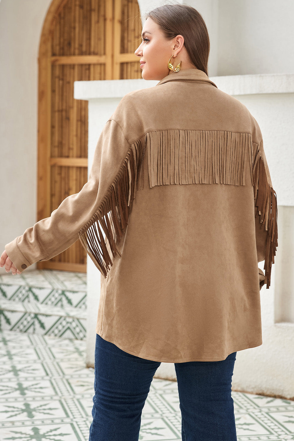 White Fringe Trim Plus Size Suede Shacket