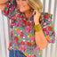 Multicolour Plus Size Floral Print Ruffle V Neck Bubble Sleeve Blouse