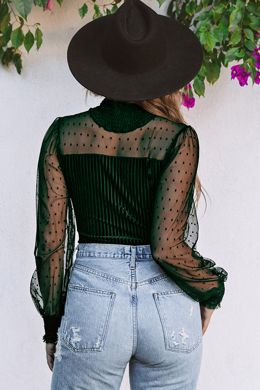 Black Sheer Dotty Long Sleeve Ribbed Velvet Bodysuit