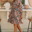 Brown Geometric Print Long Sleeve Surplice Flowy Dress