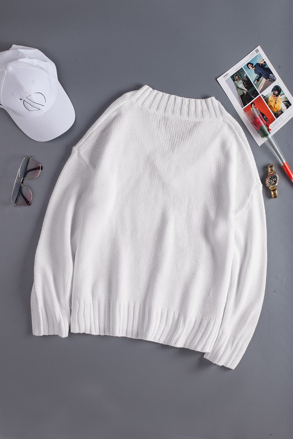 White V neck Drop Shoulder Knitted Sweater