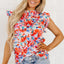 Red Frilled Neck Pleated Boho Floral Tank Top