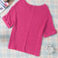 Strawberry Pink Textured Knit Split Neck Cuffed Short Sleeve Top