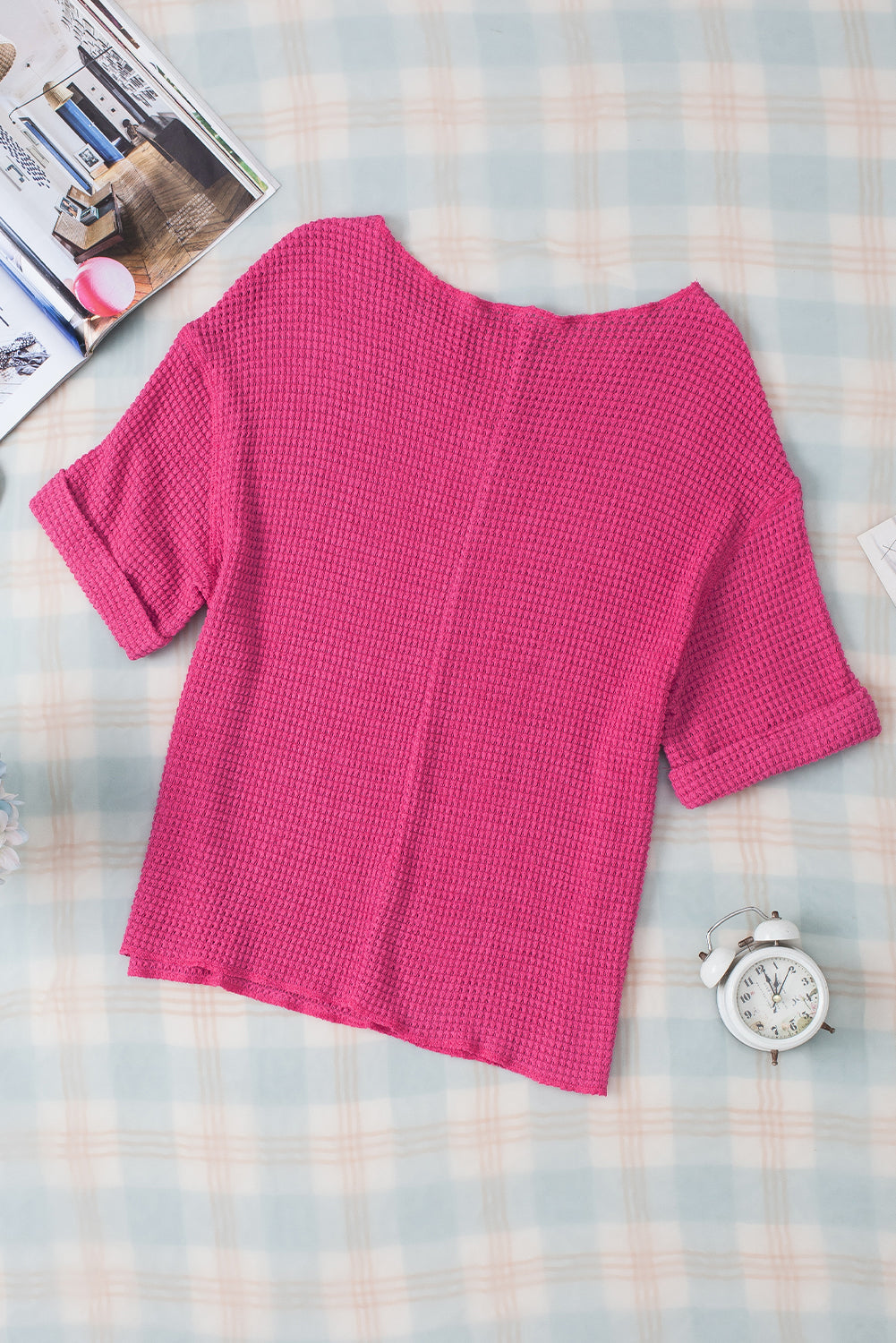 Strawberry Pink Textured Knit Split Neck Cuffed Short Sleeve Top