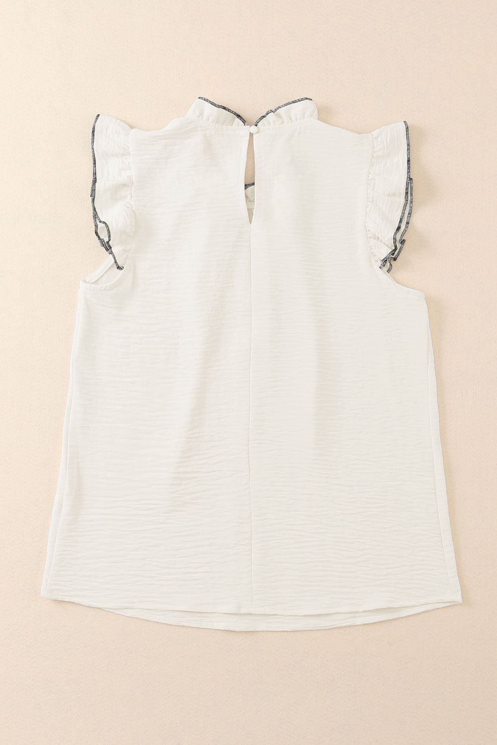 White Contrast Trim Ruffled Crew Neck Sleeveless Top