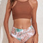 Brown Solid Strappy Halter Bikini Printed High Waist Swimsuit