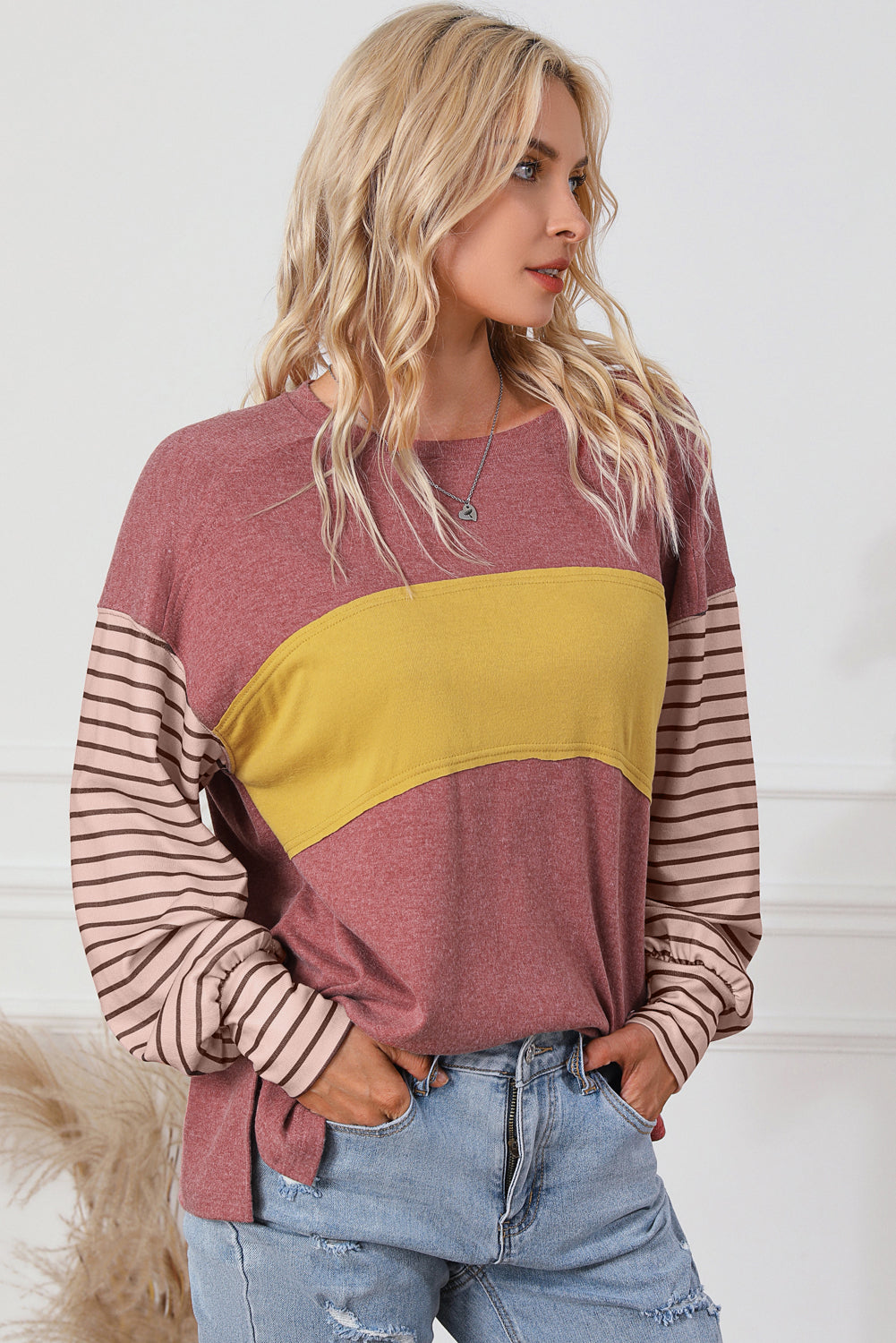 Peach Blossom Colorblock Striped Bishop Sleeve Top