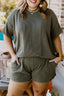 Moss Green Plus Size Rib Knit Short Sleeve Top and Shorts Set