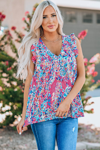 Boho Pattern Print Flounce V Neck Tank Top