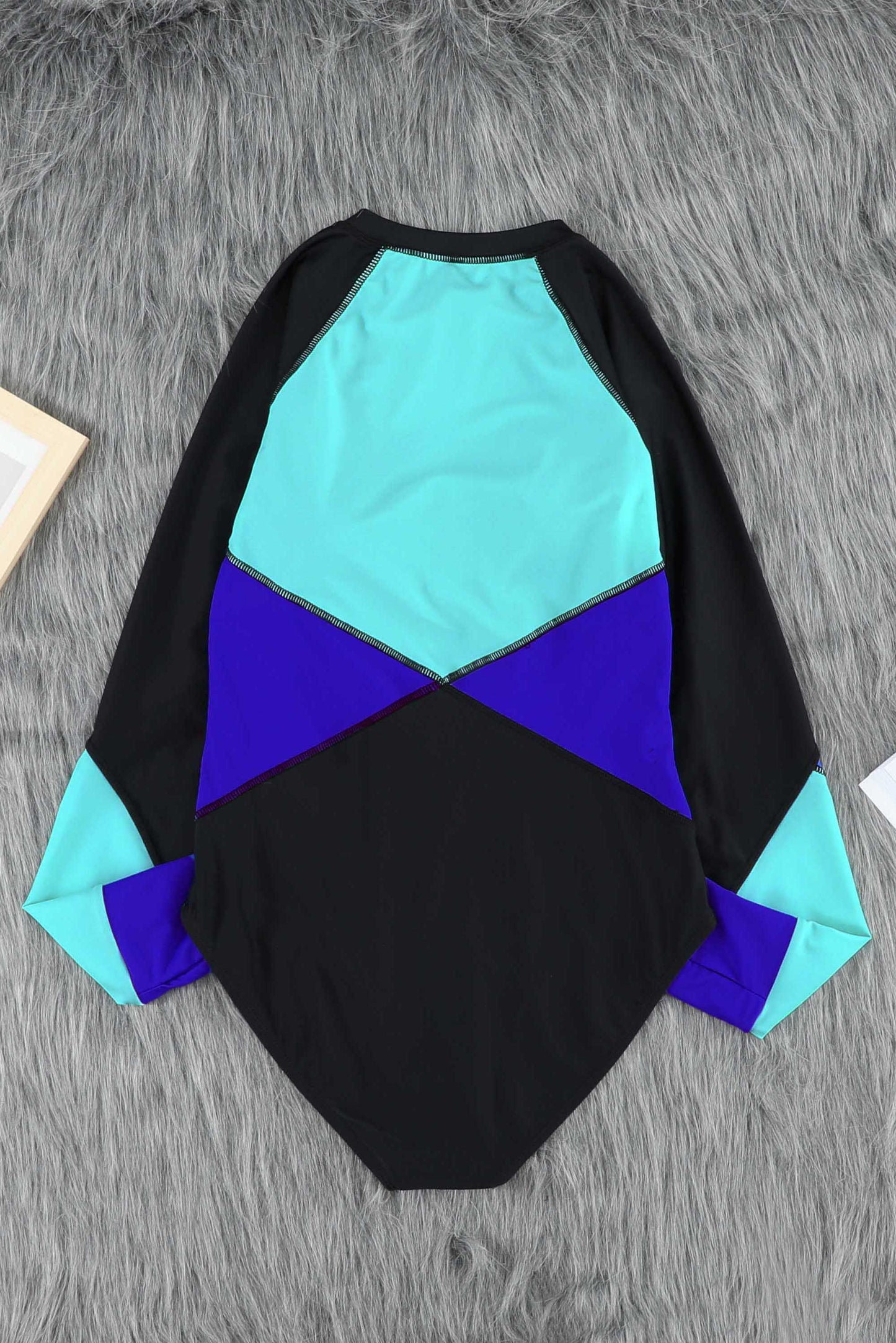 Blue Color Block Zipper Long Sleeve Rash Guard One Piece Swimsuit