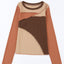 Brown Expose Seam Color Block Ribbed Knit Top