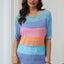 Sky Blue Knitted Eyelet Colorblock Striped Half Sleeves Top