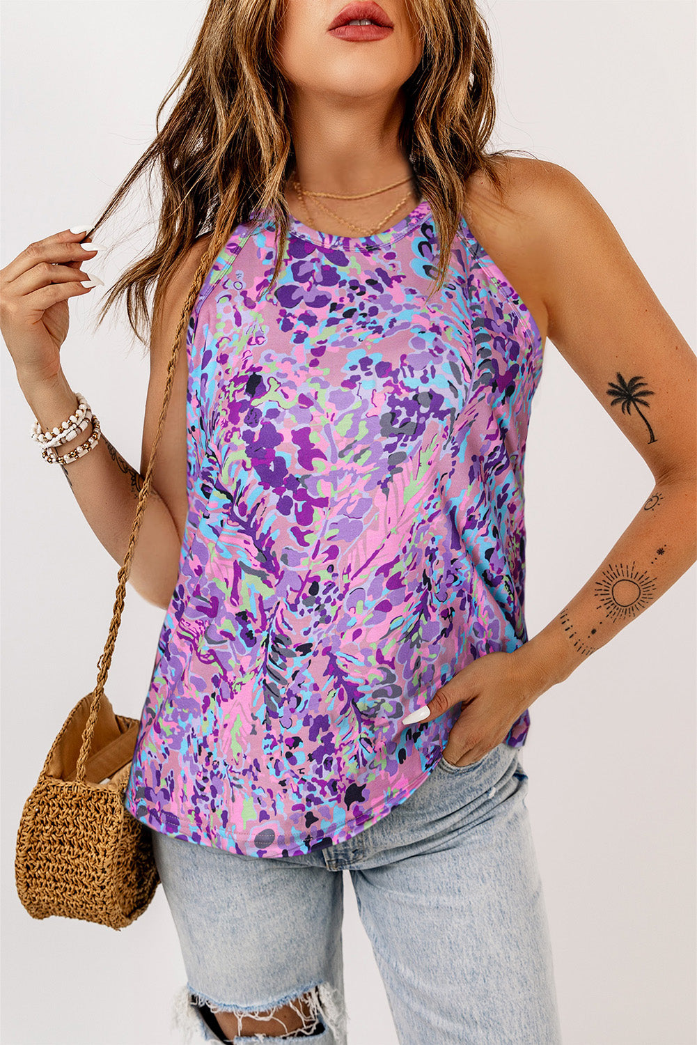 Multicolor Tropical Floral Print Racerback Tank Top