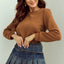 Brown Solid Color Quilted Puff Sleeve Pullover Sweatshirt