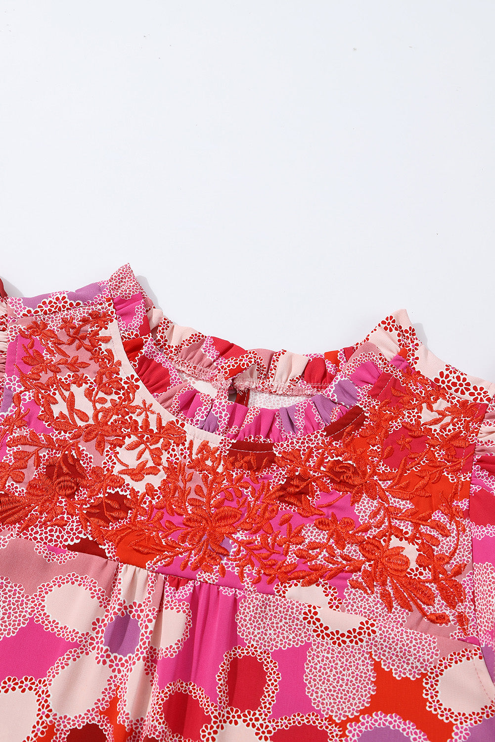 Pink Embroidered Detail Floral Print Ruffle Trim Tank Top