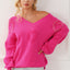 Rose Red Pearl Embellished Fuzzy Hearts V Neck Sweater