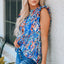 Blue Floral Print Tank Top with Ruffles