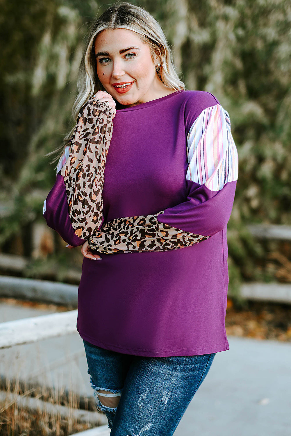 Purple Leopard Striped Color Block Plus Size Top