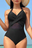 Navy Blue Halter Mesh Insert Cross Front One-Piece Swimsuit