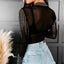 Black Rhinestone Sheer Mesh Long Sleeve Bodysuit