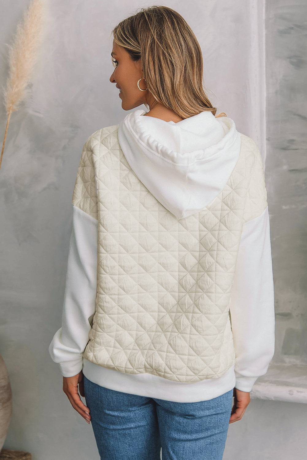 Beige Drop Shoulder Quilted Patchwork Kangaroo Pocket Hoodie