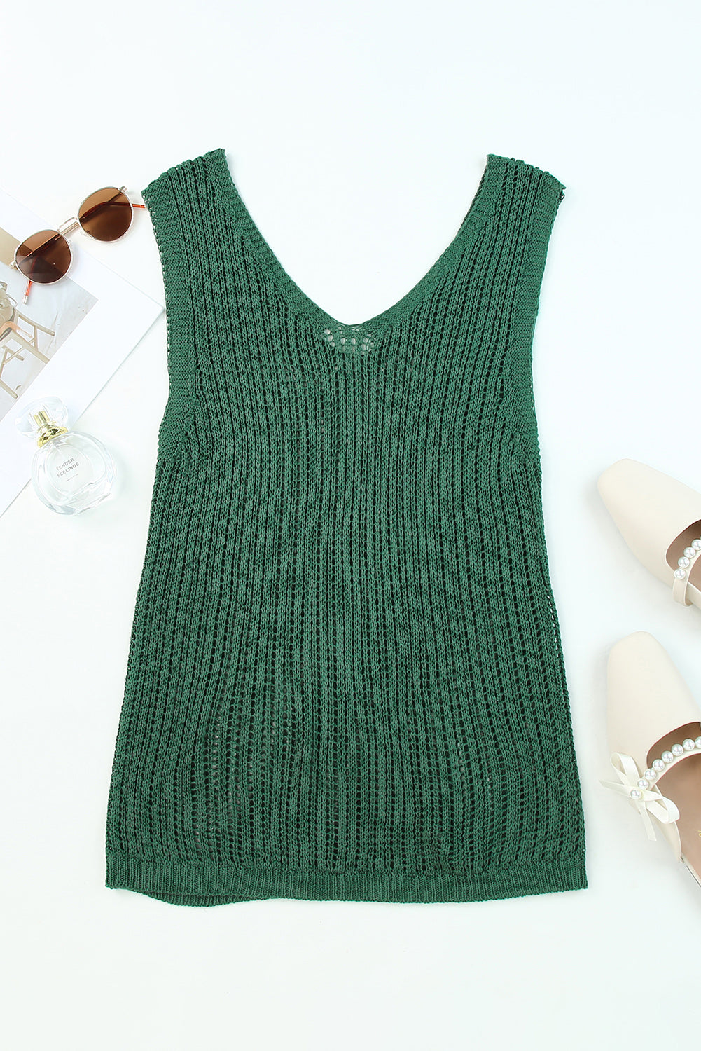 White Hollowed Knit V Neck Tank Top