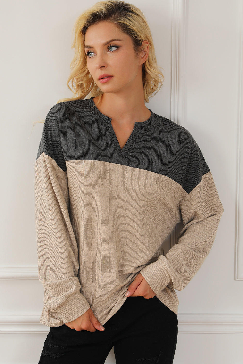 Carbon Grey Notched Neck Colorblock Corded Sweatshirt