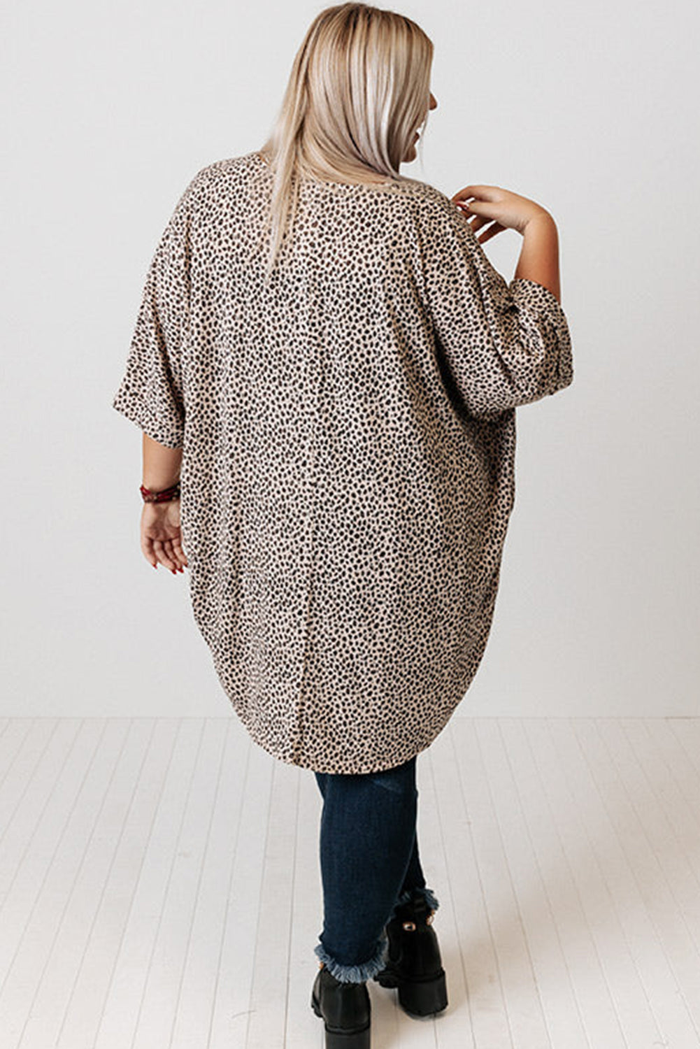 Khaki Plus Size Leopard Print Half Sleeve Open Front Cardigan