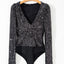 Black Sequin V Neck Zipped Long Sleeve Bodysuit