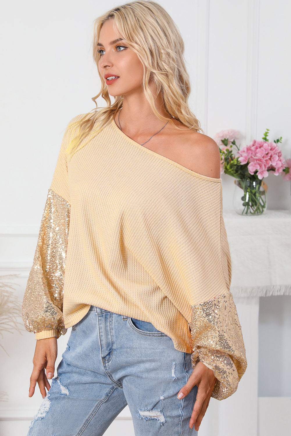 Apricot Sequin Patchwork Sleeve Open Back Waffle Knit Top