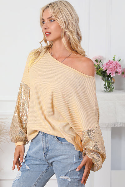 Apricot Sequin Patchwork Sleeve Open Back Waffle Knit Top