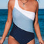 Sky Blue Color Block One Shoulder Backless One Piece Swimwear