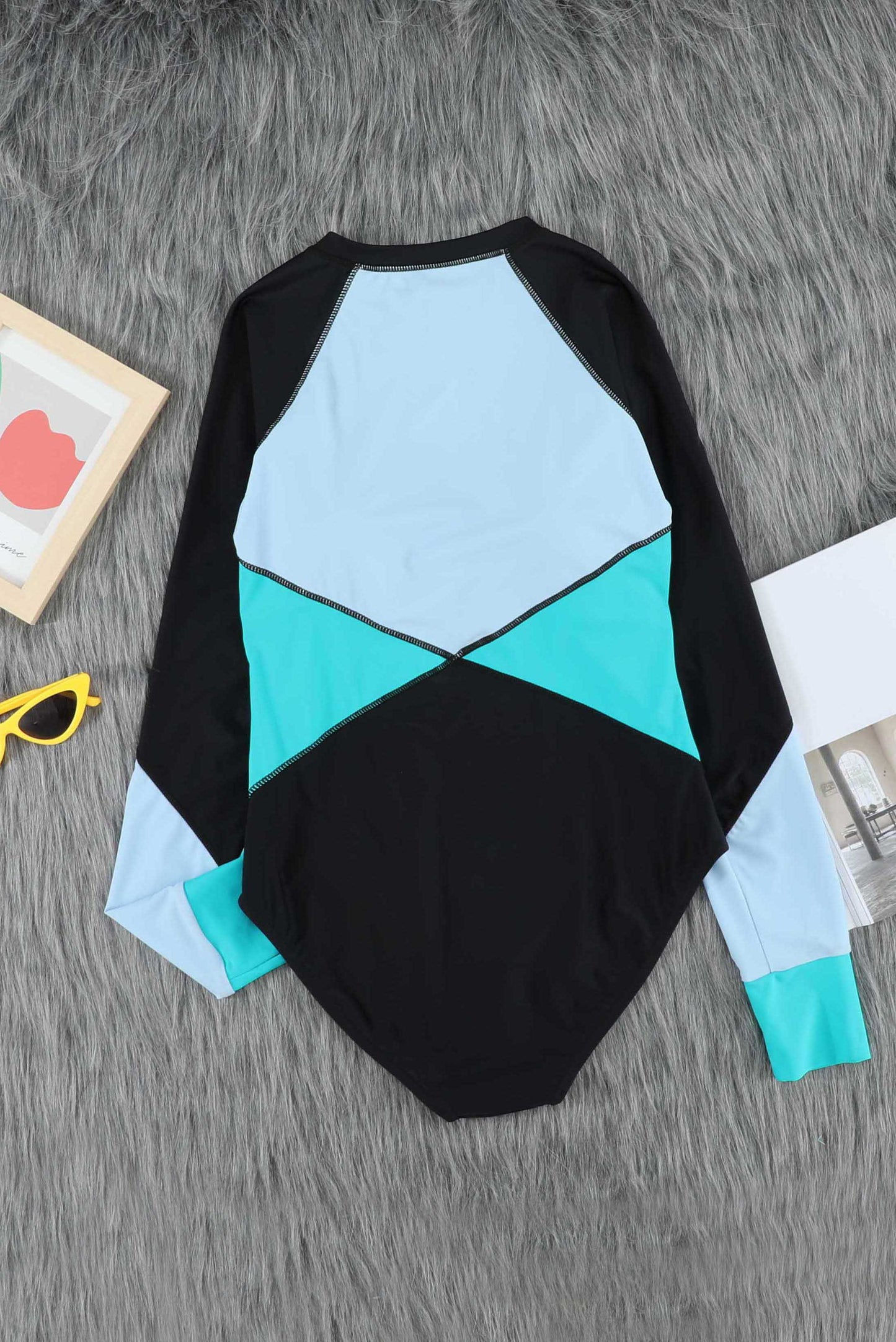 Blue Color Block Zipper Long Sleeve Rash Guard One Piece Swimsuit