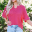 Strawberry Pink Textured Knit Split Neck Cuffed Short Sleeve Top