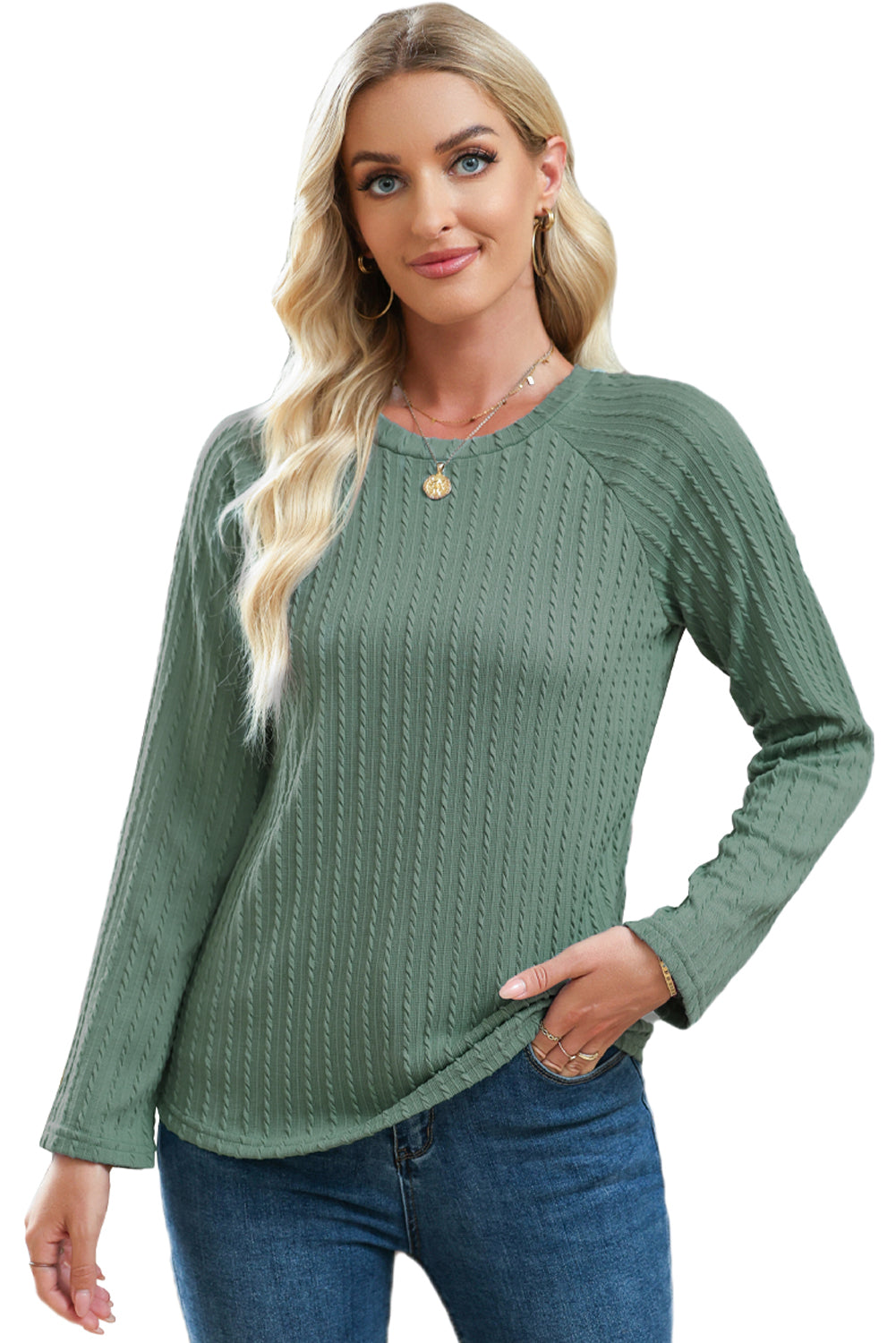 Pink Ribbed Round Neck Knit Long Sleeve Top