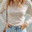 Black Striped Print Textured Knit Long Sleeve Tee