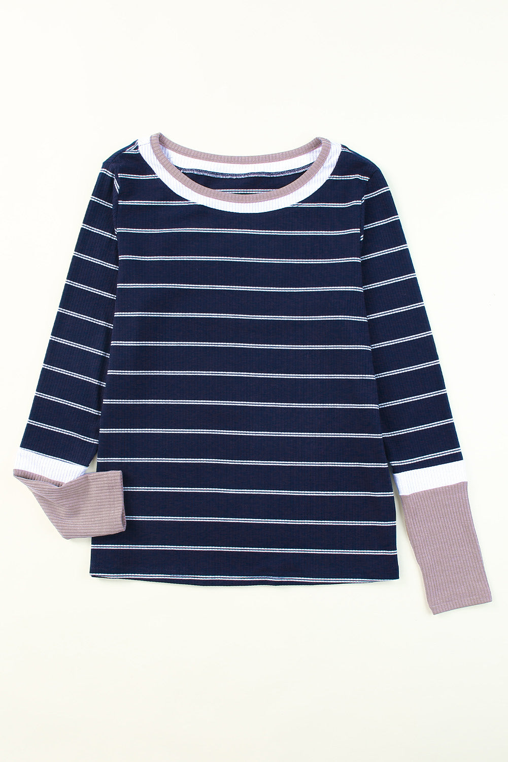 Brown Extend Color Block Cuffs Rib Knit Striped Pullover