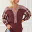 Fiery Red Floral Plaid Mixed Print Bishop Sleeve Patchwork Top