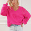 Rose Red Pearl Embellished Fuzzy Hearts V Neck Sweater