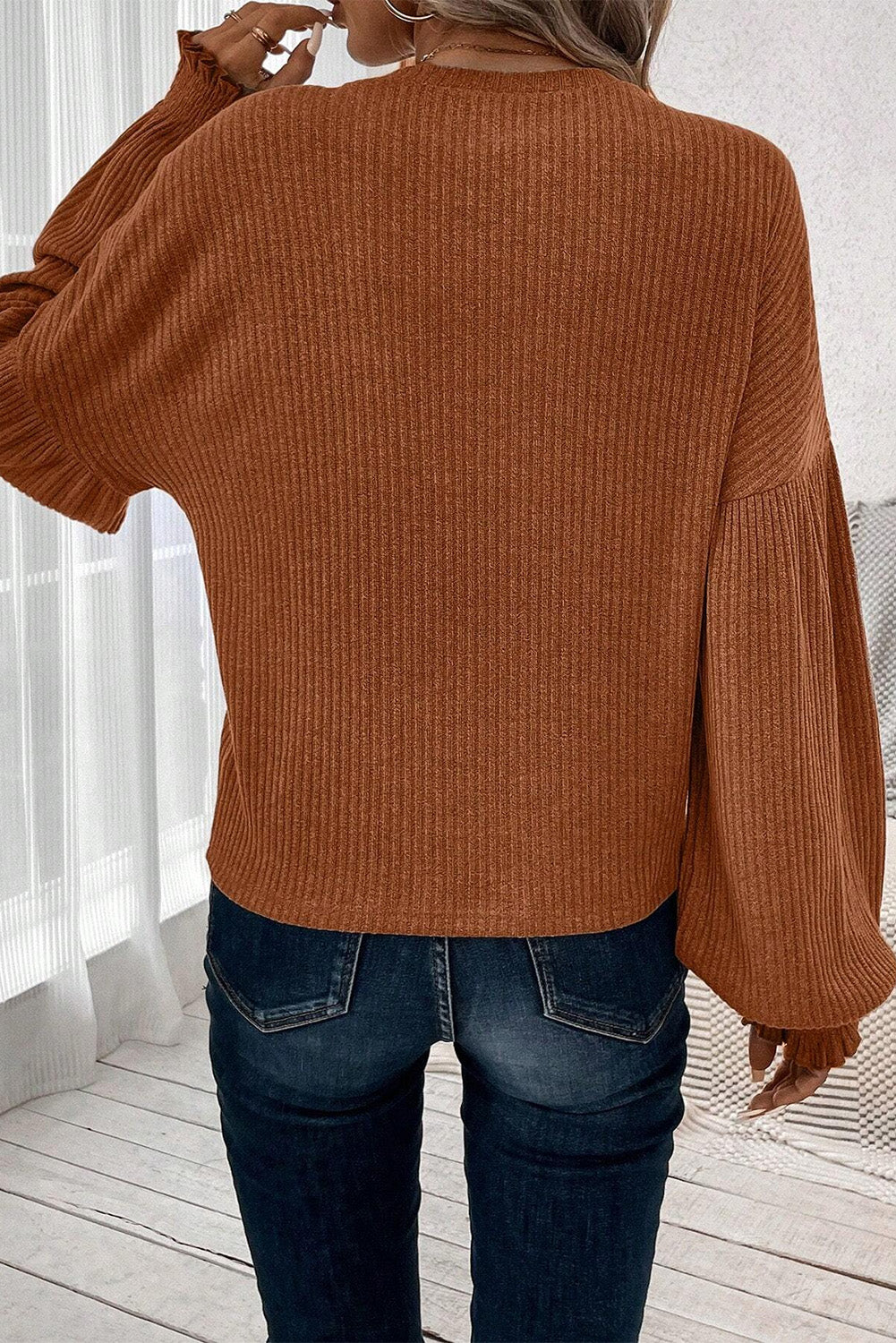 Chestnut Ribbed Knit Drop Shoulder Ruffled Sleeve Textured Top