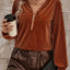 Chestnut Half Zip V Neck Ribbed Velvet Top