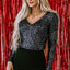 Black Sequin V Neck Zipped Long Sleeve Bodysuit