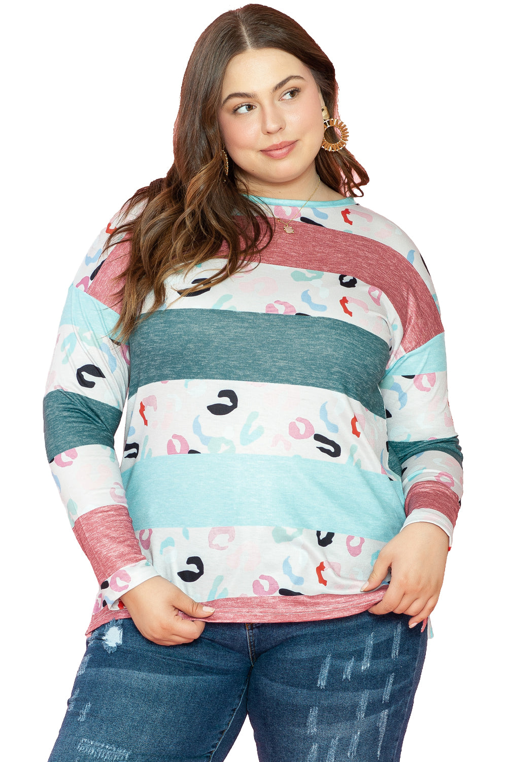 Pink Stripe Plus Size Colorblock Pullover Top