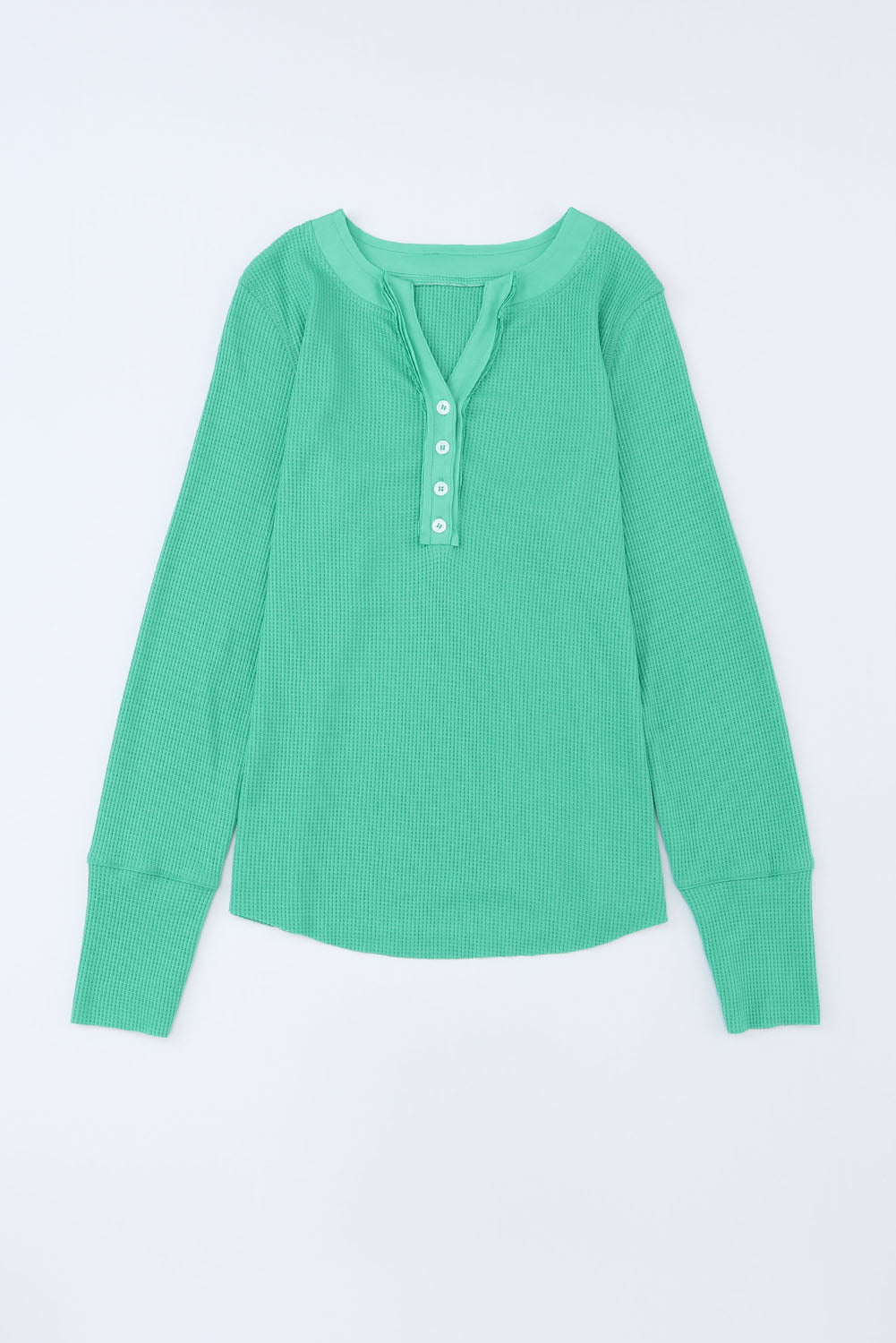 Green Trimmed Neckline Waffle Knit Henley Top