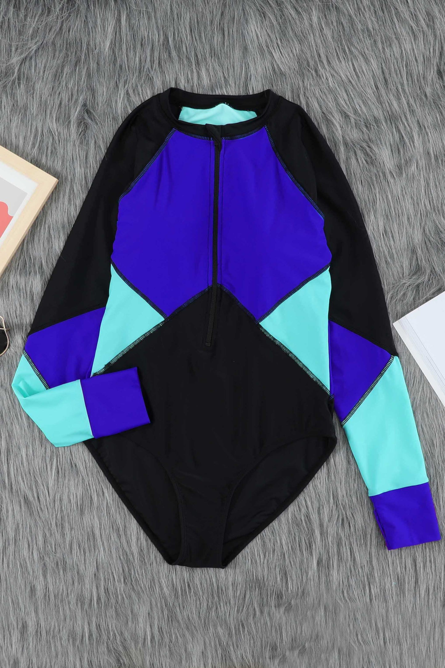 Blue Color Block Zipper Long Sleeve Rash Guard One Piece Swimsuit