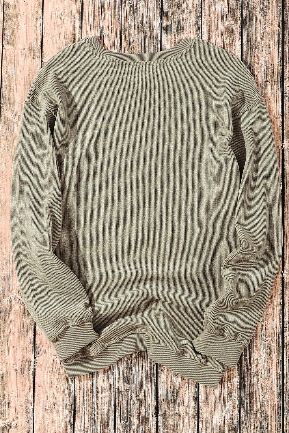 Pink Solid Ribbed Knit Round Neck Pullover Sweatshirt